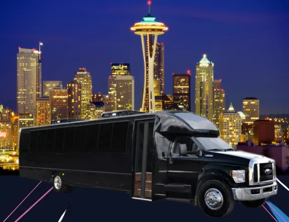 Black Ford F650 Executive VIP Shuttle Bus (44 Passenger) for charter bus rental in Hornbrook, CA