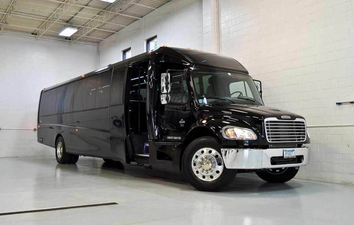 Black Freightliner Luxury Coach for charter bus rental in Parker Dam, CA