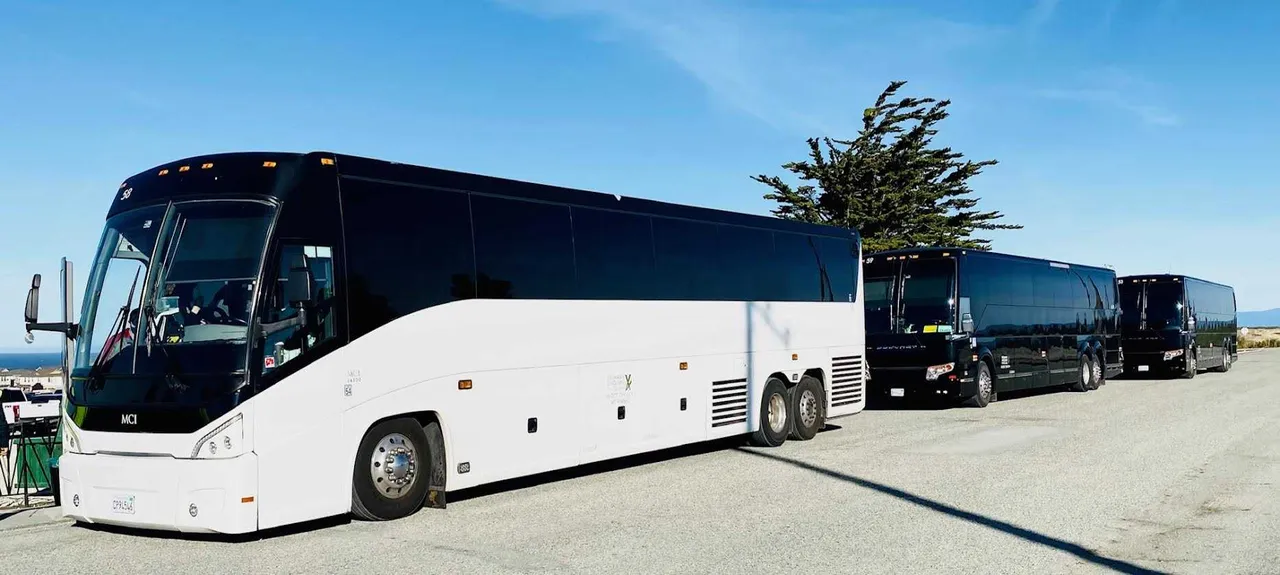 White MCI Motorcoach for charter bus rental in Hornbrook, CA