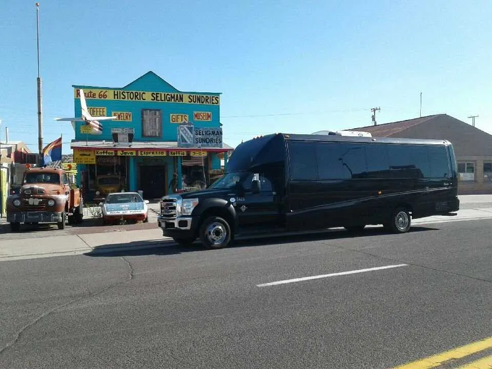 28 Passenger Mini Coach (black), outside view featuring tinted windows